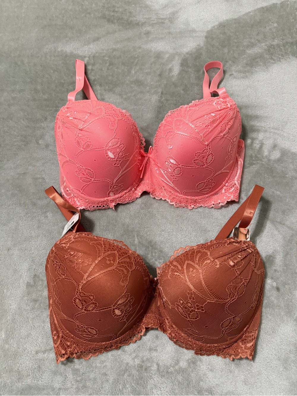 NWT Rene Rofe Floral Lace Push Up Underwire Bra Set of 2 Pink & Brown- Size 36DD